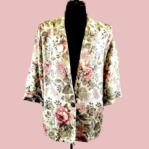 Joanna Sport Women Jacket Beige Floral Boyfriend Blazer Size Medium Vintage Rose - Picture 1 of 12